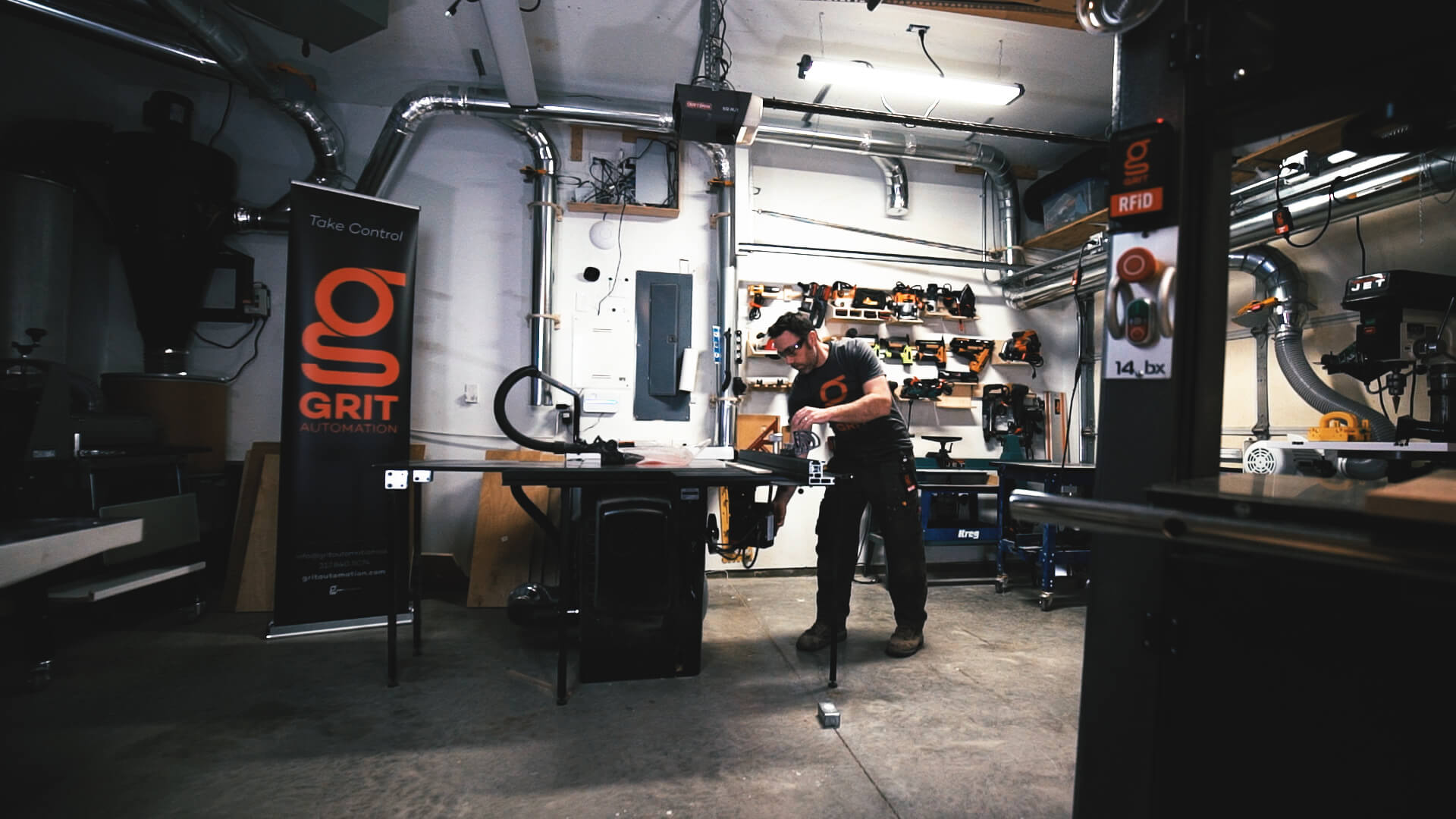 GRIT Hub, Switch, and blast gate sensors installed in a home woodworking shop