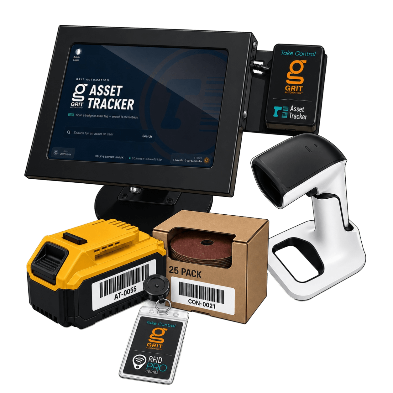 Illustrated GRIT Asset Tracker kiosk, barcode scanner, tagged tool battery, consumable sanding discs, and GRIT RFiD badge