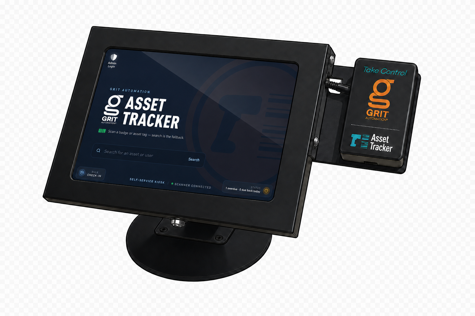 Illustrated GRIT Asset Tracker kiosk showing the ready screen with scan prompt, fallback search, bulk check-in, scanner status, and overdue status