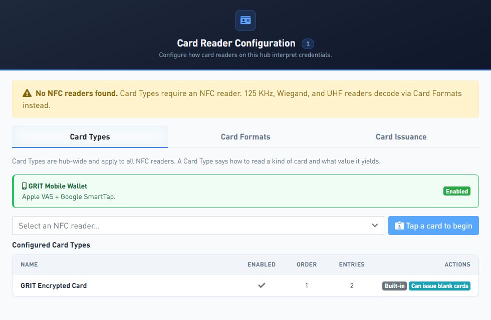 GRIT Hub Card Reader Configuration showing Card Types, Card Formats, Card Issuance, Mobile Wallet, and reader selection