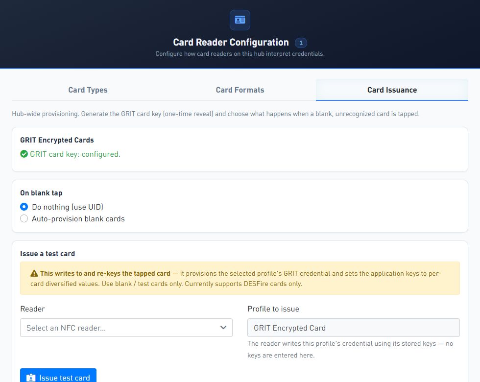 GRIT Hub Card Issuance screen for configured encrypted cards