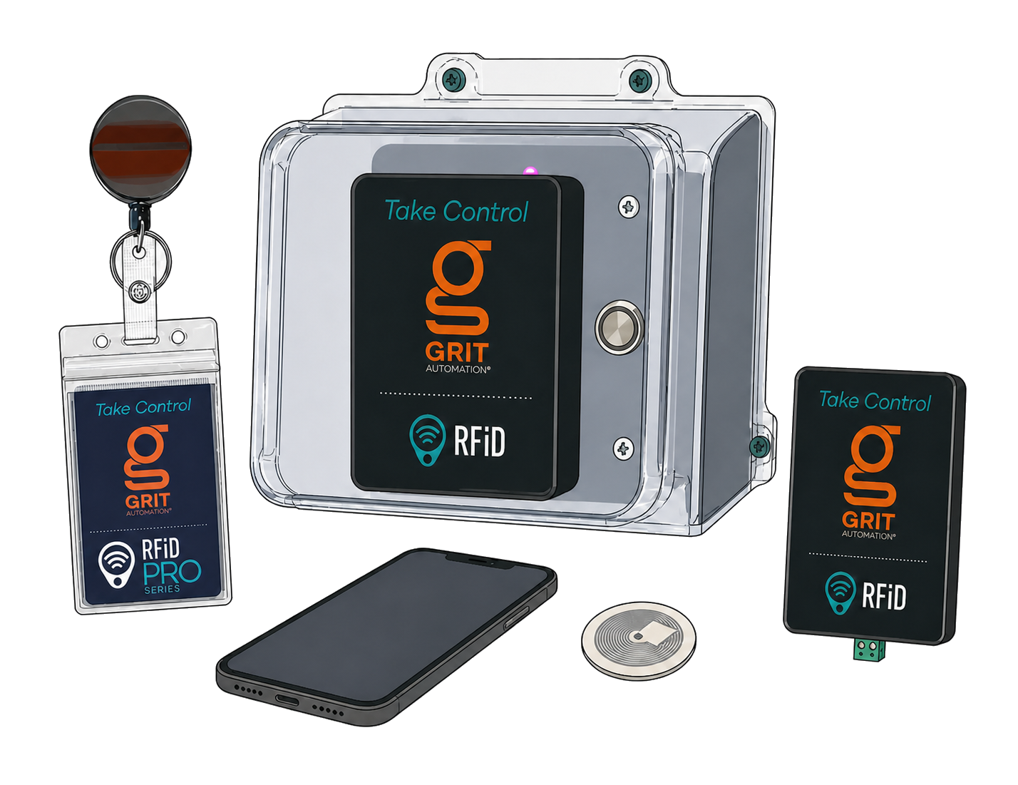 Illustrated GRIT RFiD reader options, card, phone, and tag