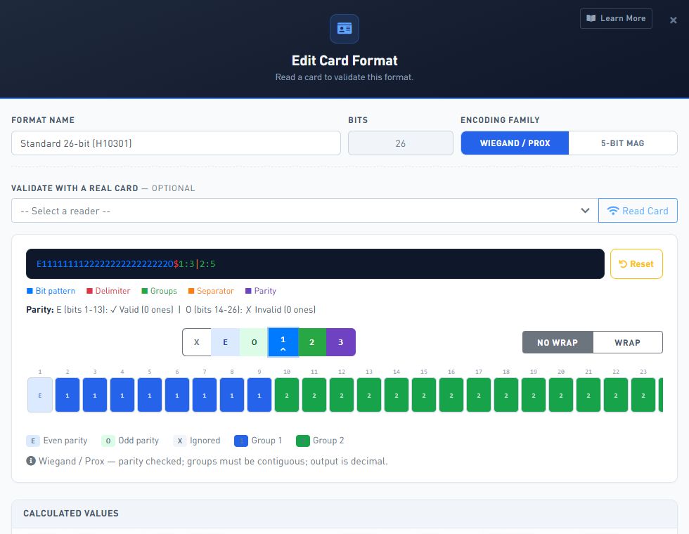 GRIT Hub Card Format editor showing a 26-bit Wiegand pattern, parity groups, padding, and calculated values
