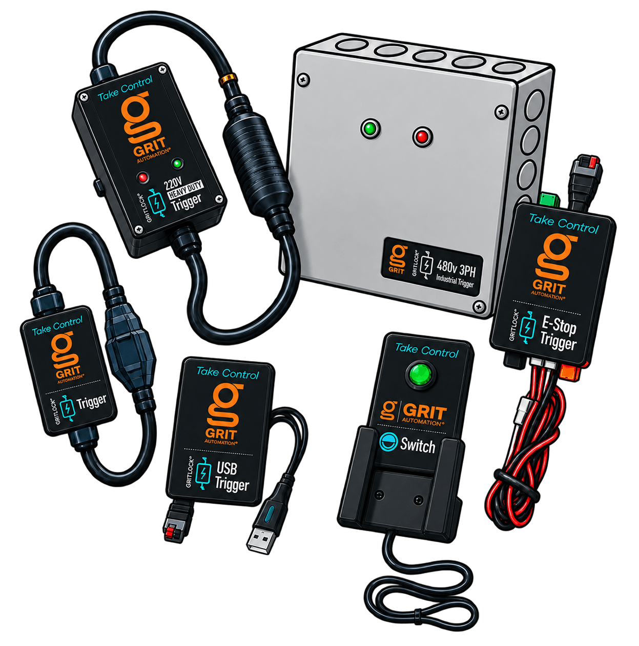 GRIT Automation Trigger types, including Standard, Heavy Duty, Industrial, E-Stop, Switch, and USB Triggers.