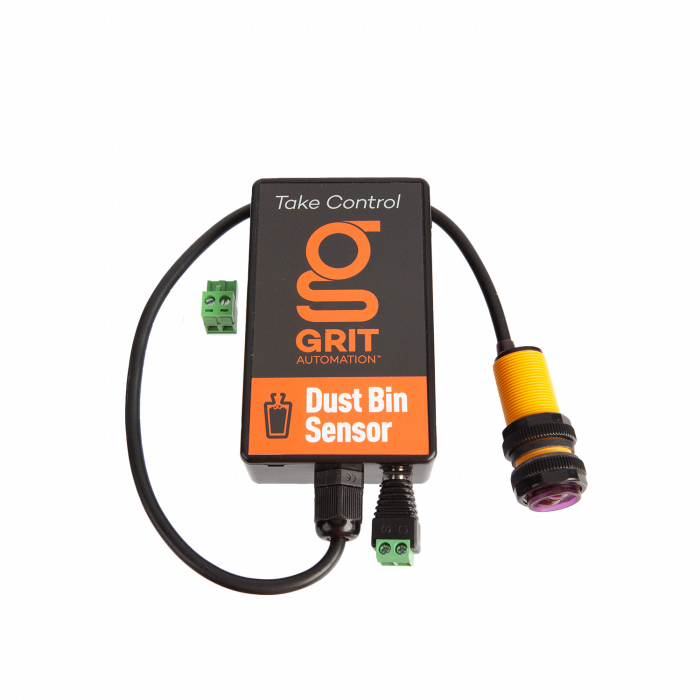 GRIT Automation Dust Bin Sensor with infrared technology for monitoring dust collection levels, featuring integrated strobe light connection and power terminals