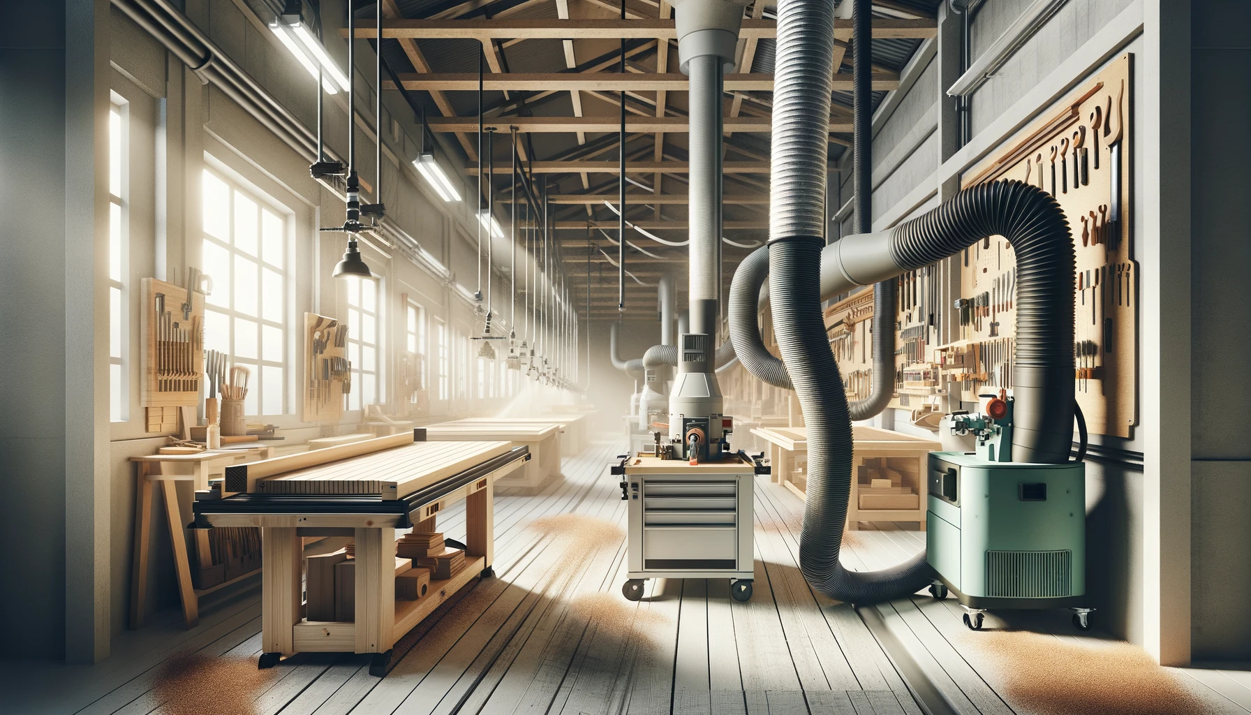 Efficient woodshop with minimal dust, showcasing safety and cleanliness